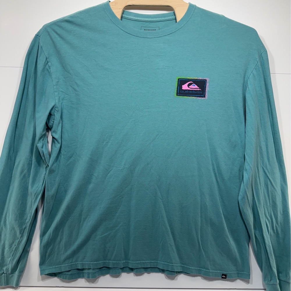 Quiksilver Mens XL Teal Green Long Sleeve Graphic T-Shirt Cotton Regular Fit Tee